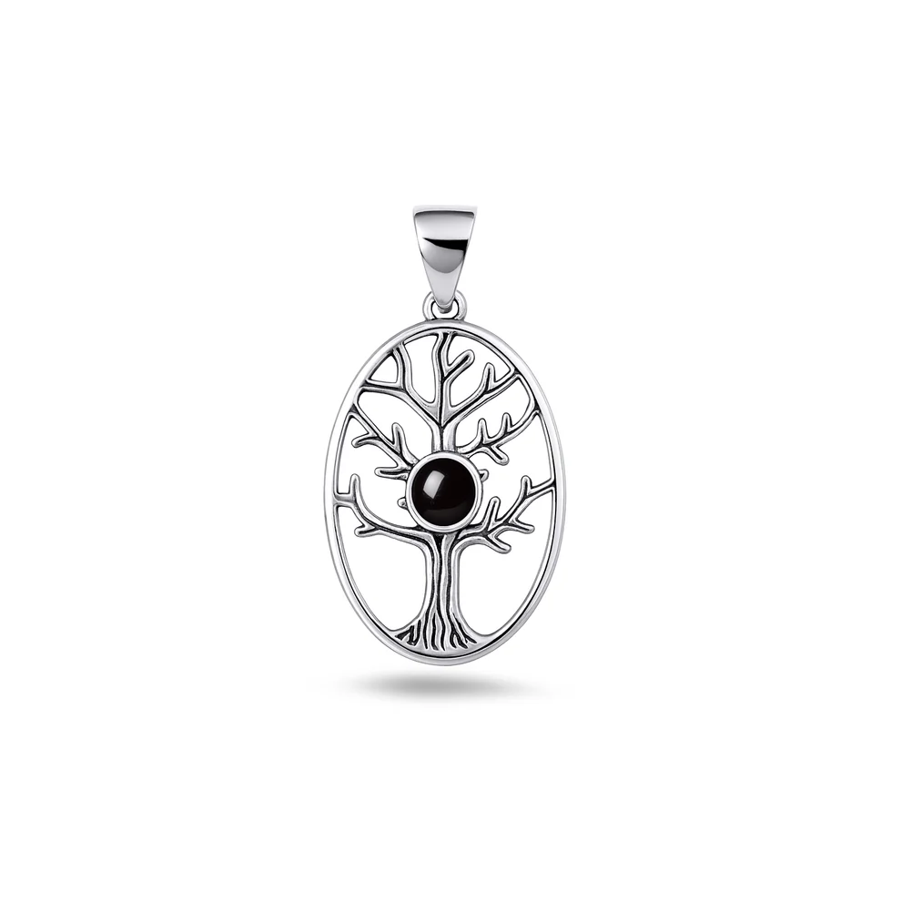 Sterling Silver Oxidized And Polished Tree Of Life Black Onyx Stone Pendant