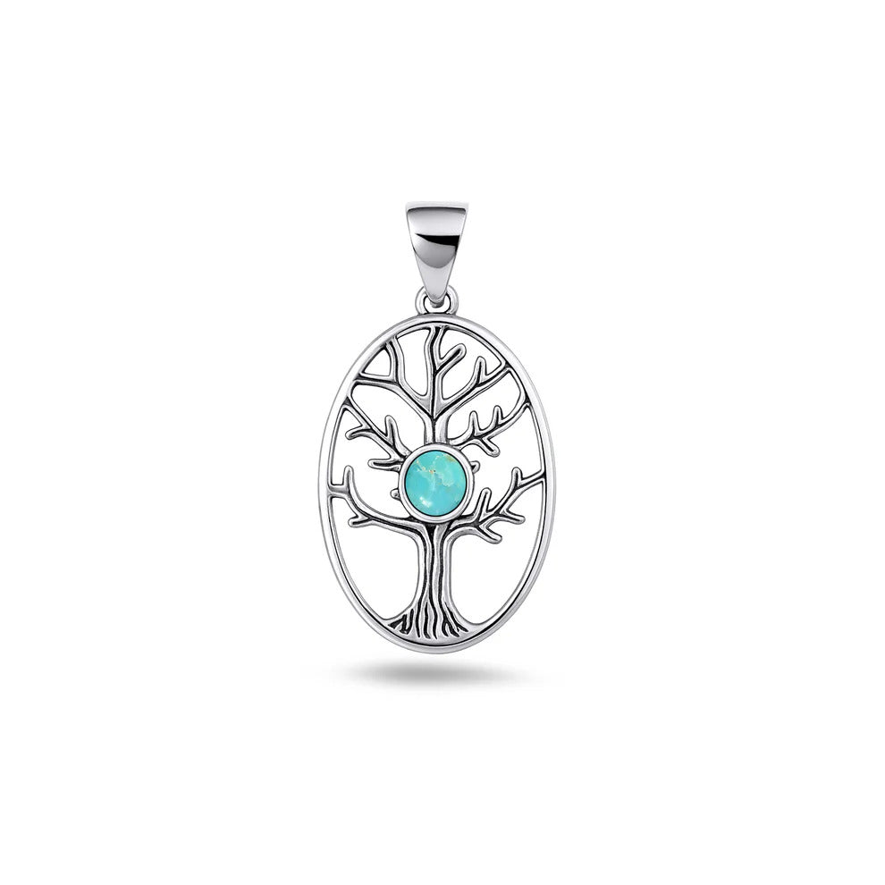 Sterling Silver Oxidized And Polished Tree Of Life Genuine Turquoise Stone Pendant