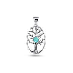 Sterling Silver Oxidized And Polished Tree Of Life Genuine Turquoise Stone Pendant