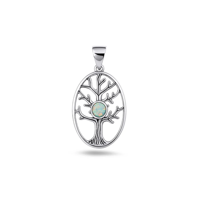 Sterling Silver Oxidized And Polished Tree Of Life White Lab Opal Pendant