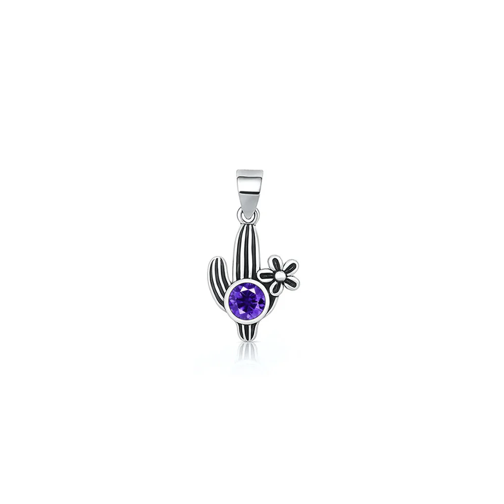Sterling Silver Oxidized And Polished Cactus Amethyst CZ Pendant