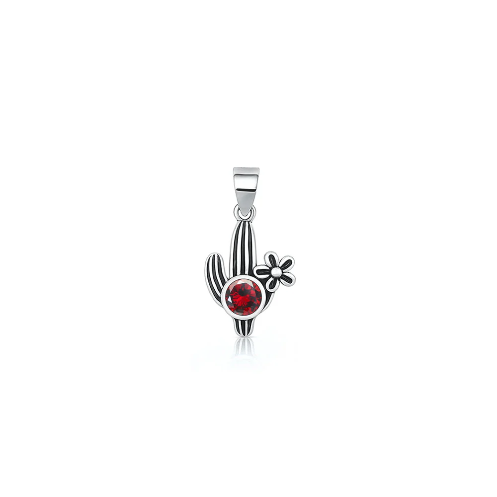 Sterling Silver Oxidized And Polished Cactus Garnet CZ Pendant