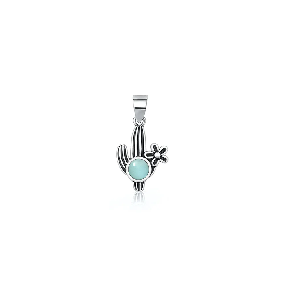 Sterling Silver Oxidized And Polished Cactus Larimar Stone Pendant