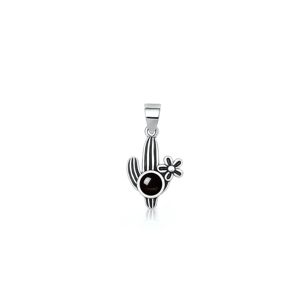 Sterling Silver Oxidized And Polished Cactus Black Onyx Stone Pendant
