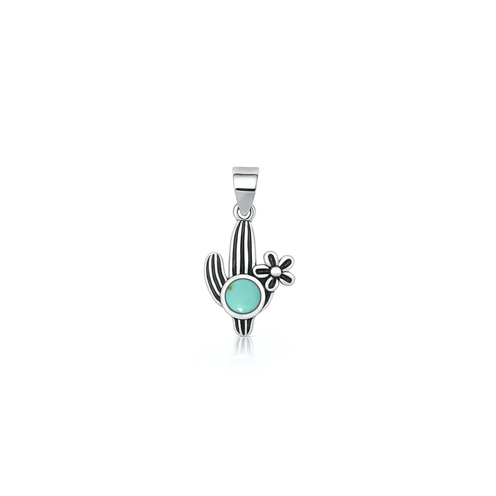 Sterling Silver Oxidized And Polished Cactus Genuine Turquoise Stone Pendant