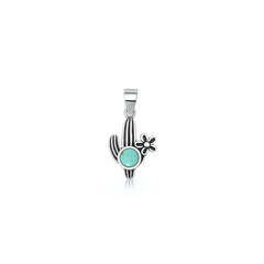 Sterling Silver Oxidized And Polished Cactus Genuine Turquoise Stone Pendant