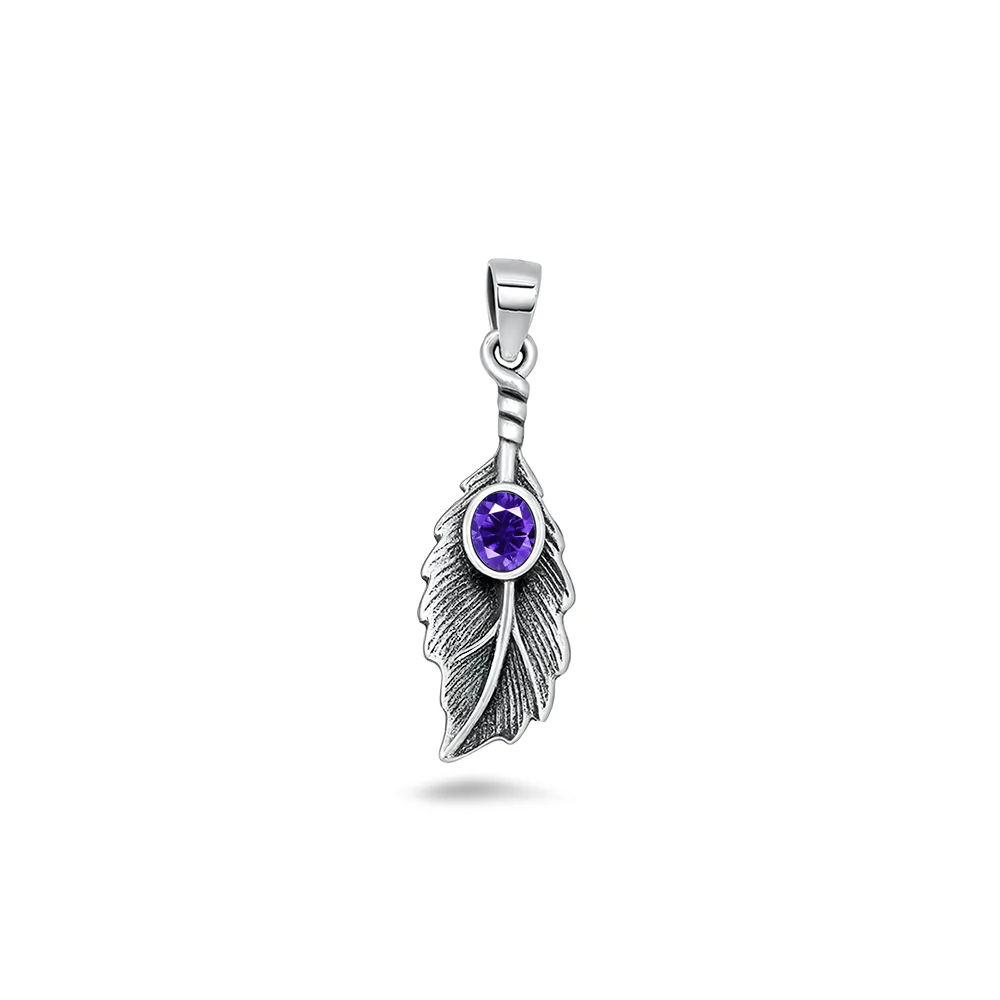 Sterling Silver Oxidized And Polished Leaf Amethyst CZ Pendant