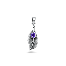 Load image into Gallery viewer, Sterling Silver Oxidized And Polished Leaf Amethyst CZ Pendant