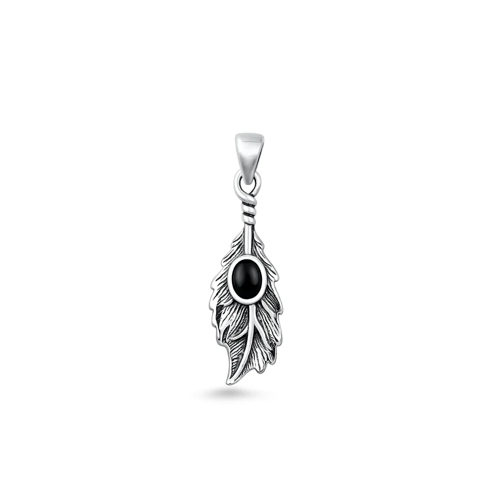 Sterling Silver Oxidized And Polished Leaf Black Onyx Stone Pendant