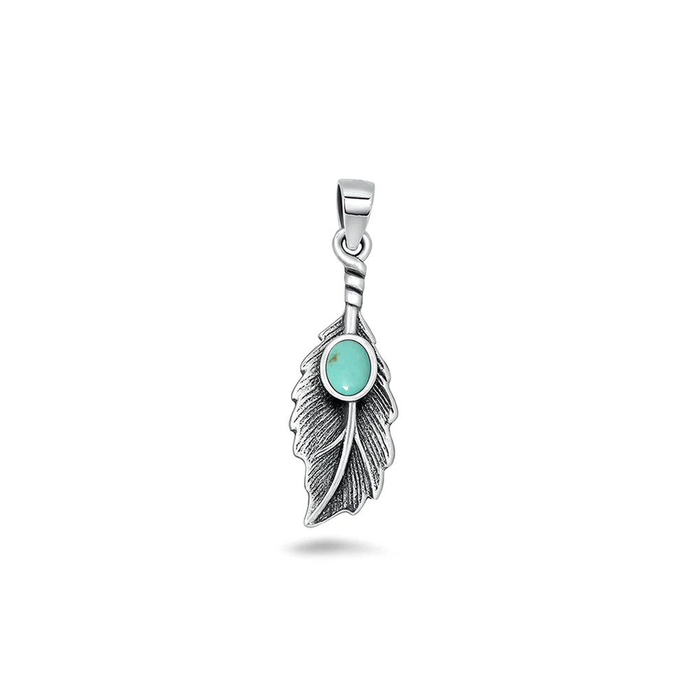 Sterling Silver Oxidized And Polished Leaf Genuine Turquoise Stone Pendant