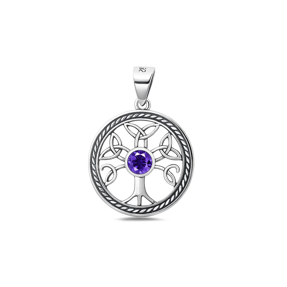 Sterling Silver Oxidized And Polished 19mm Celtic Tree Of Life Amethyst CZ Pendant