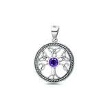 Sterling Silver Oxidized And Polished 19mm Celtic Tree Of Life Amethyst CZ Pendant