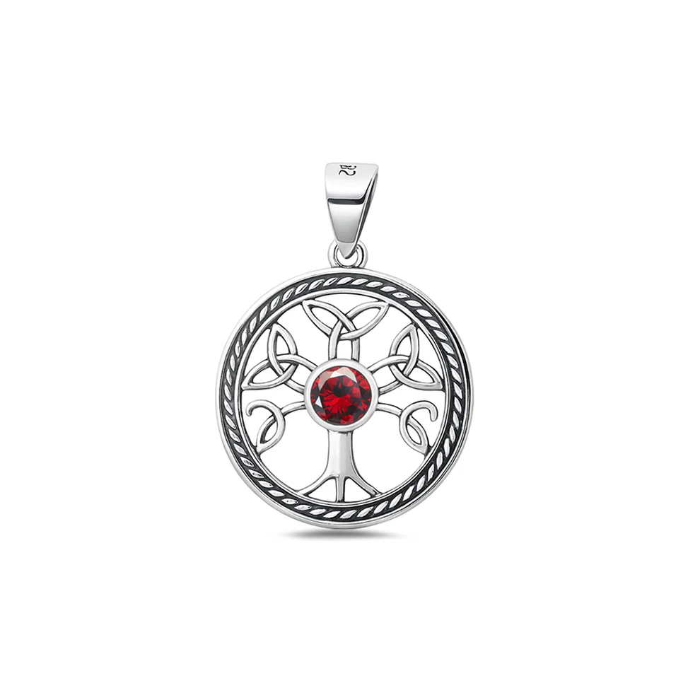 Sterling Silver Oxidized And Polished 19mm Celtic Tree Of Life Garnet CZ Pendant
