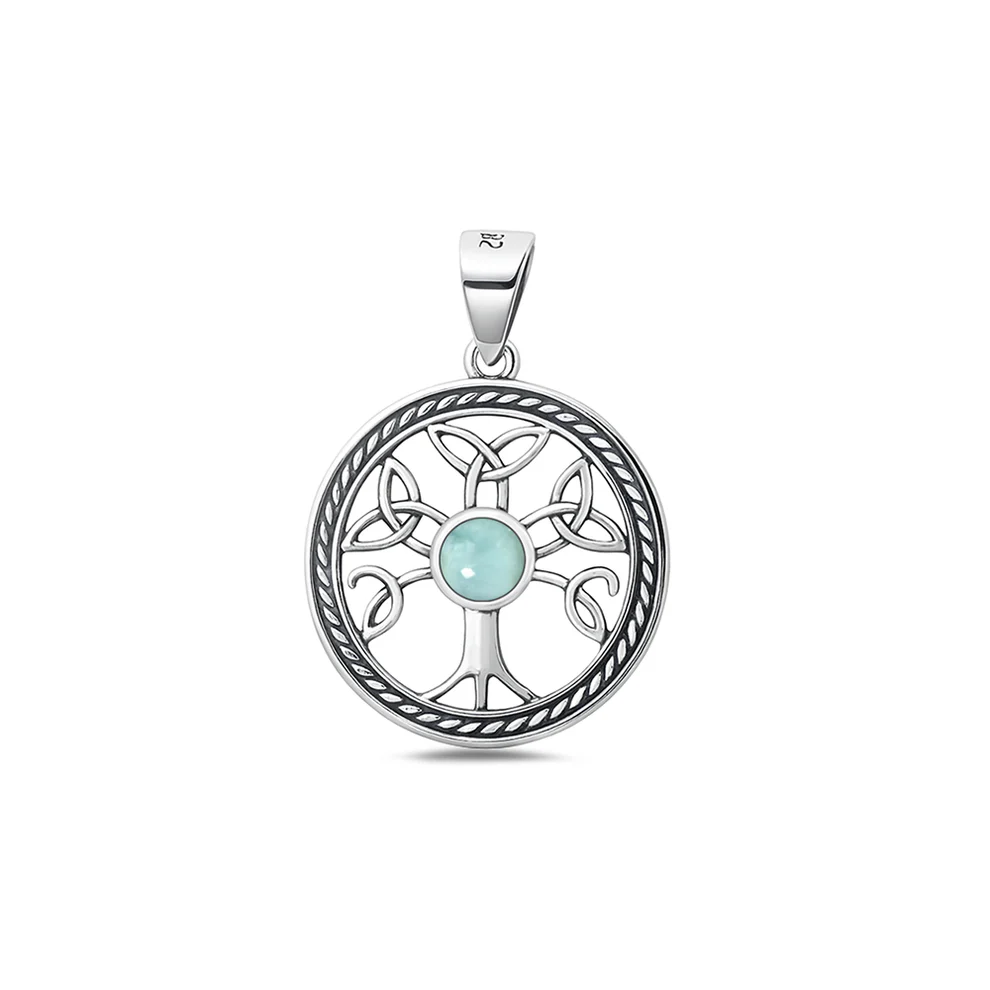 Sterling Silver Oxidized And Polished 19mm Celtic Tree Larimar Stone Pendant