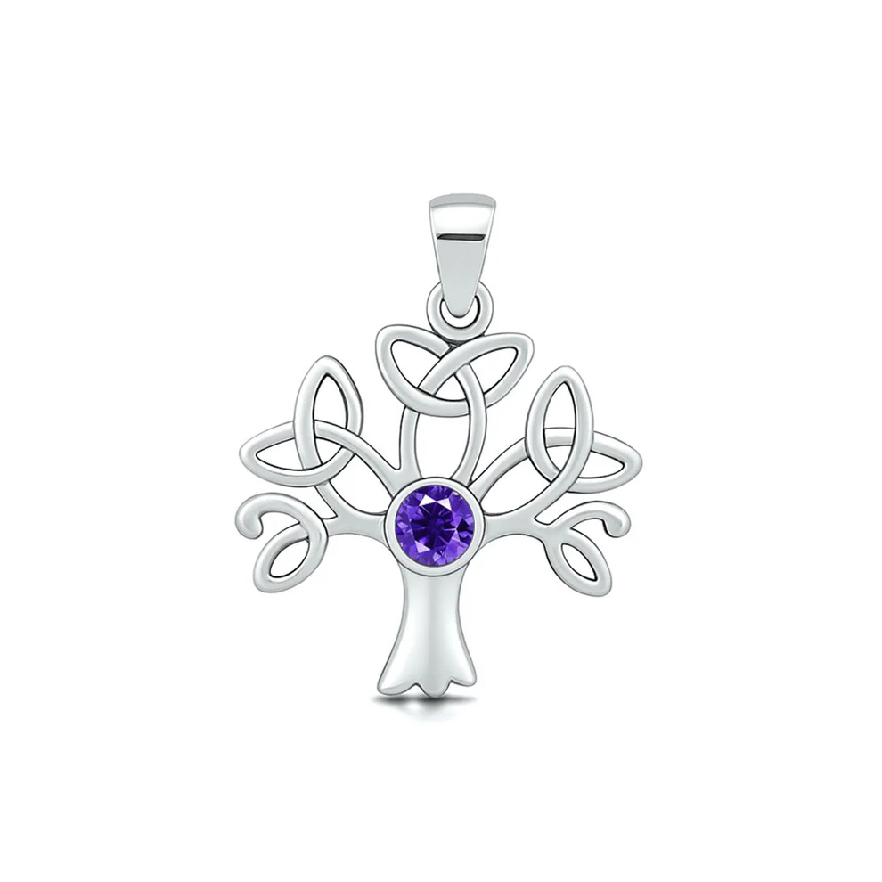 Sterling Silver Oxidized And Polished Celtic Tree Of Life Amethyst CZ Pendant
