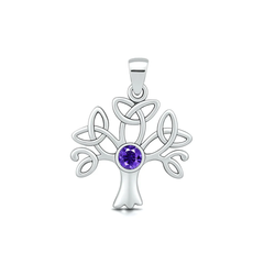 Sterling Silver Oxidized And Polished Celtic Tree Of Life Amethyst CZ Pendant