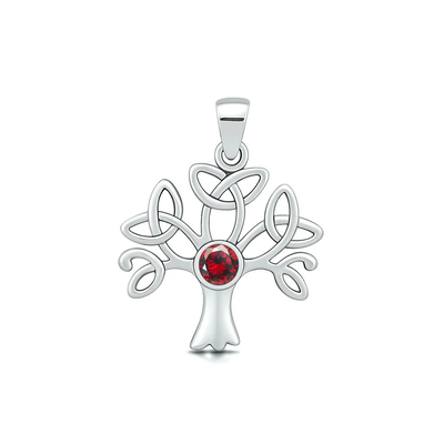 Sterling Silver Oxidized And Polished Celtic Tree Of Life Garnet CZ Pendant