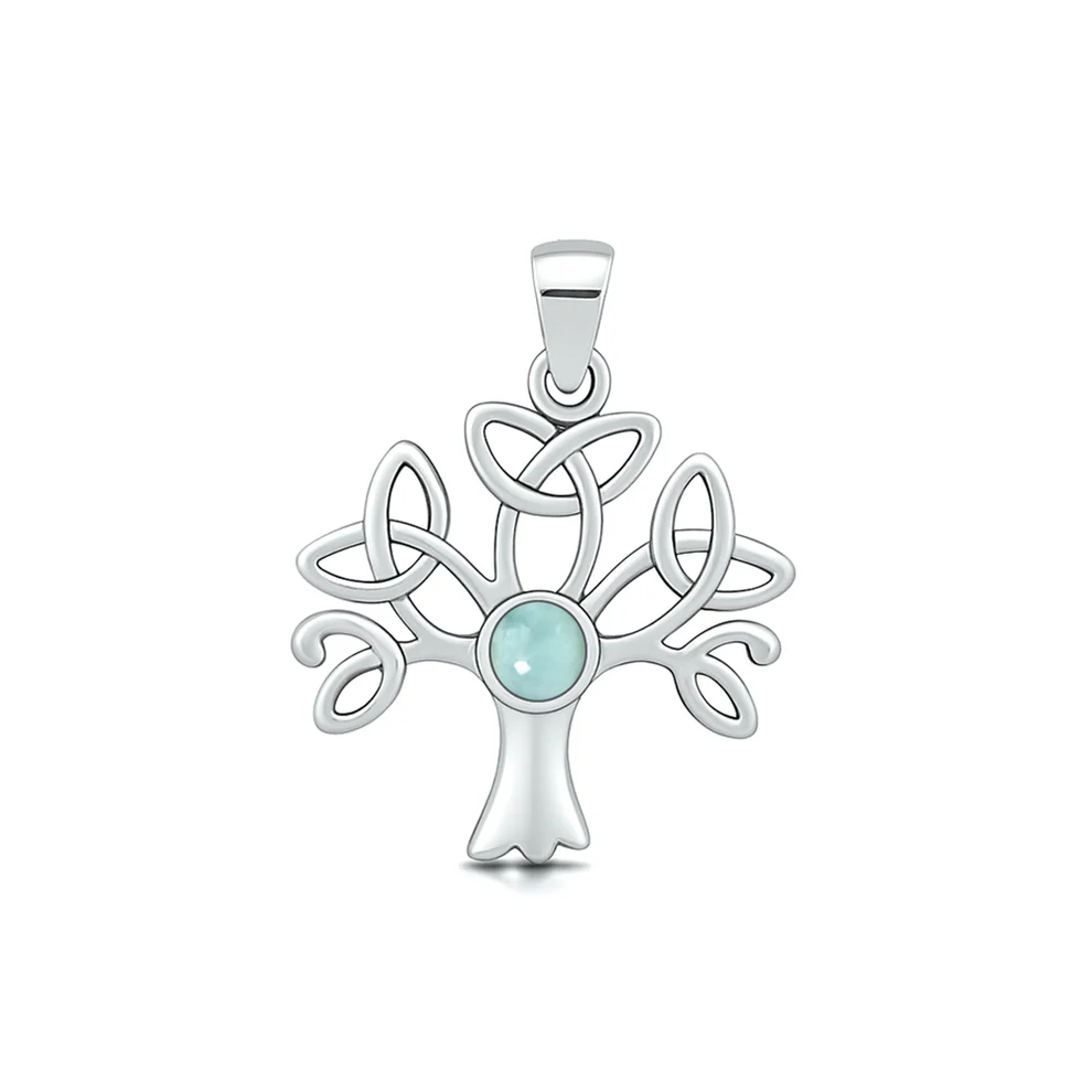 Sterling Silver Oxidized And Polished Celtic Tree Larimar Stone Pendant