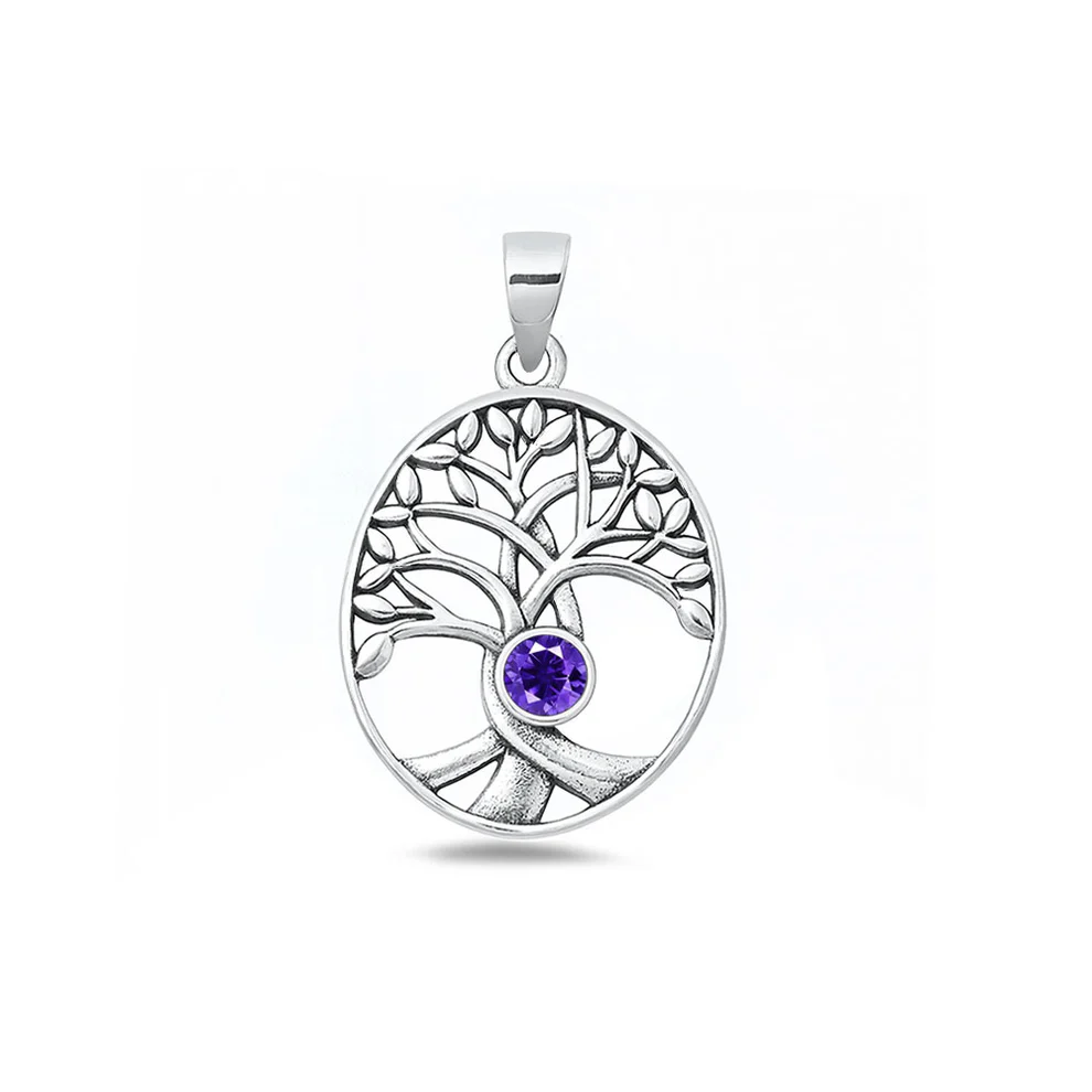 Sterling Silver Oxidized And Polished Tree Of Life Amethyst CZ Pendant