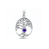 Sterling Silver Oxidized And Polished Tree Of Life Amethyst CZ Pendant