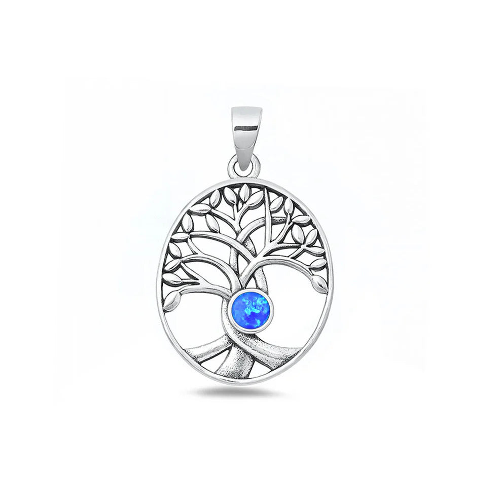 Sterling Silver Oxidized And Polished Tree Of Life Blue Lab Opal Pendant