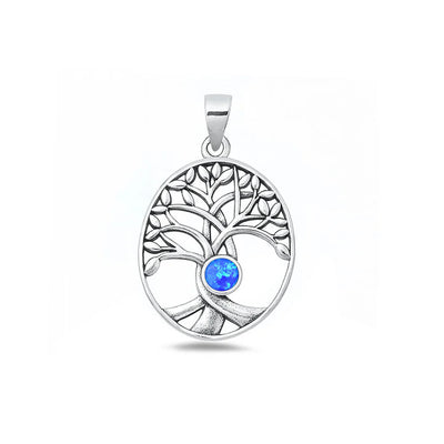 Sterling Silver Oxidized And Polished Tree Of Life Blue Lab Opal Pendant