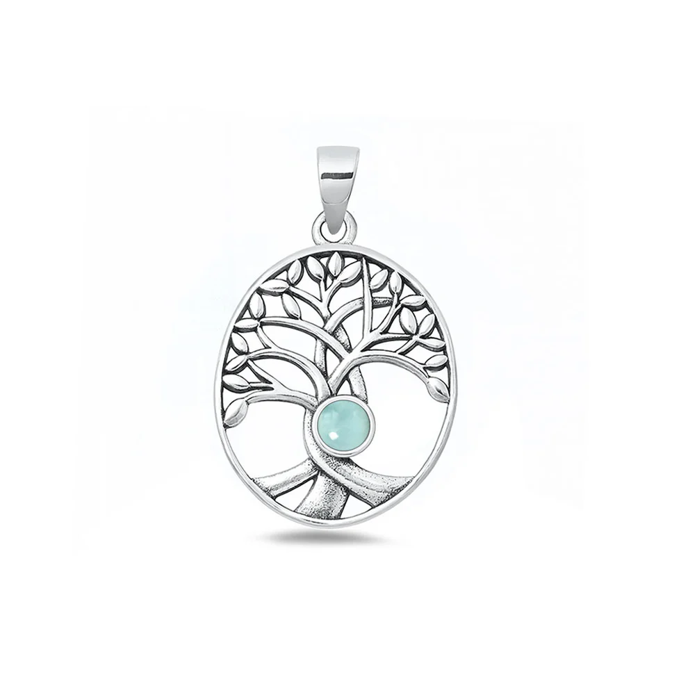 Sterling Silver Oxidized And Polished Tree Of Life Larimar Stone Pendant