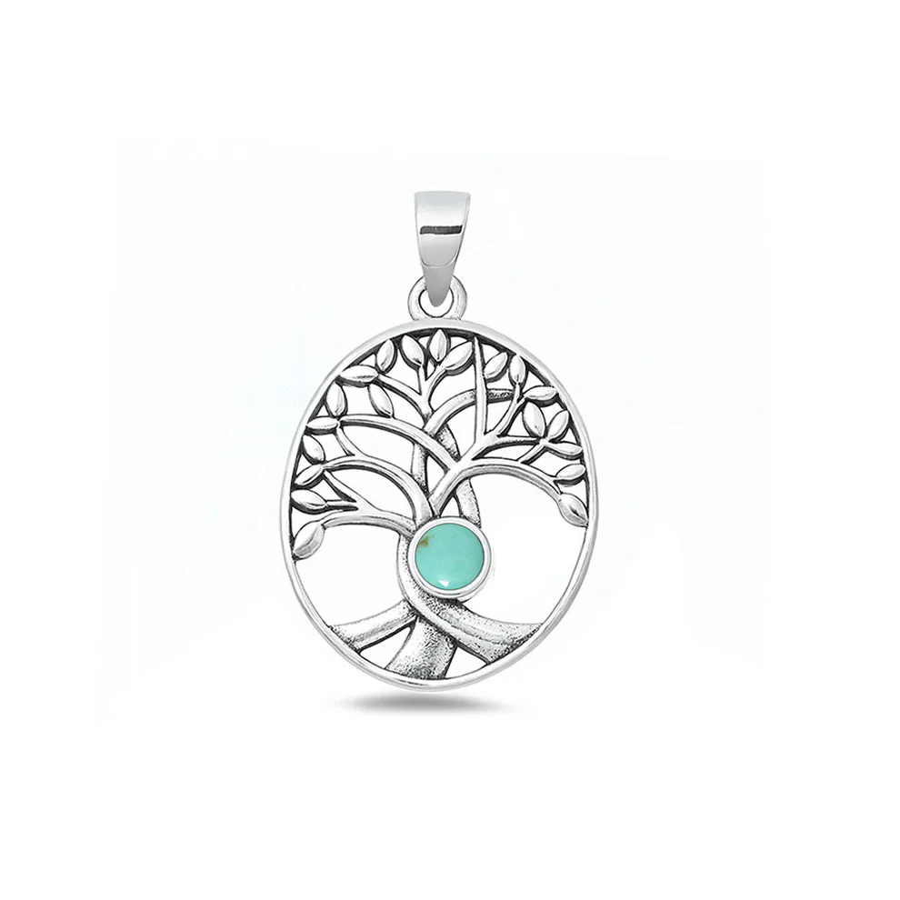 Sterling Silver Oxidized And Polished 25mm Tree Of Life Genuine Turquoise Stone Pendant