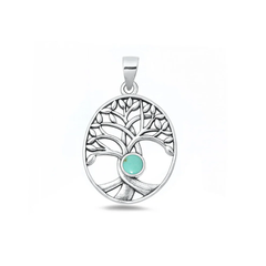 Sterling Silver Oxidized And Polished 25mm Tree Of Life Genuine Turquoise Stone Pendant