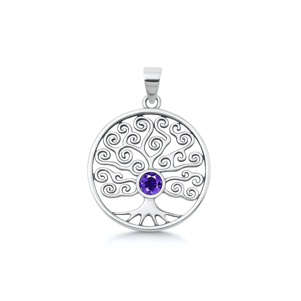 Sterling Silver Oxidized And Polished Round With Tree Of Life Amethyst CZ Pendant