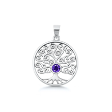 Load image into Gallery viewer, Sterling Silver Oxidized And Polished Round With Tree Of Life Amethyst CZ Pendant