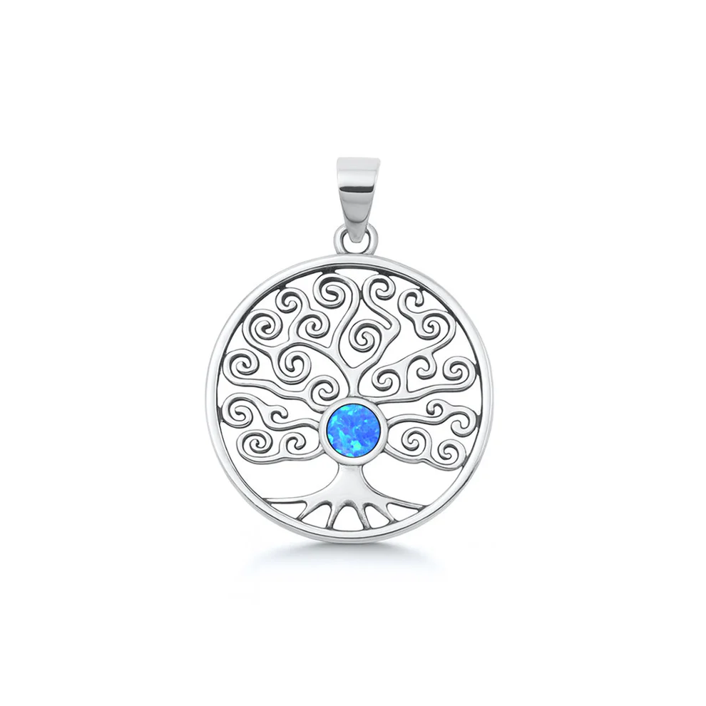Sterling Silver Oxidized And Polished Blue Lab Opal Tree Of Life Pendant