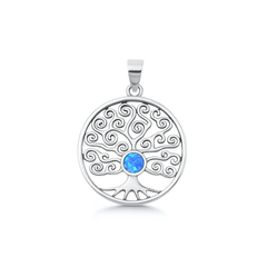 Sterling Silver Oxidized And Polished Blue Lab Opal Tree Of Life Pendant
