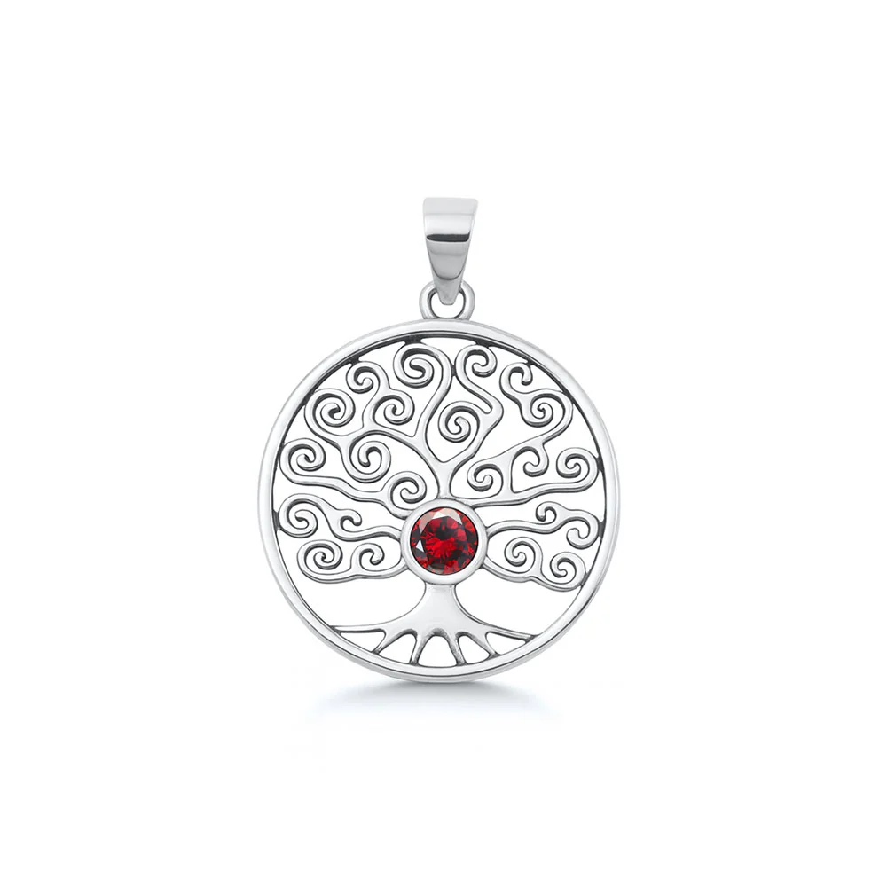 Sterling Silver Oxidized And Polished Round With Tree Of Life Garnet CZ Pendant