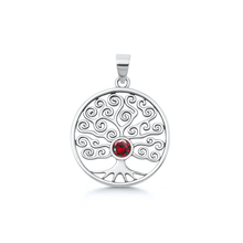 Load image into Gallery viewer, Sterling Silver Oxidized And Polished Round With Tree Of Life Garnet CZ Pendant