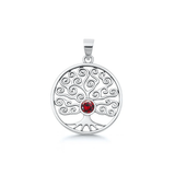 Sterling Silver Oxidized And Polished Round With Tree Of Life Garnet CZ Pendant