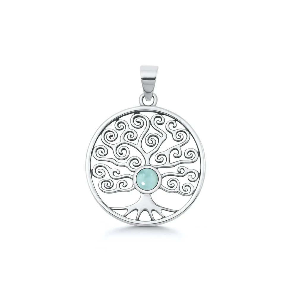 Sterling Silver Oxidized And Polished Larimar Stone Tree Of Life Pendant