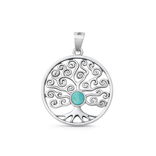 Load image into Gallery viewer, Sterling Silver Oxidized And Polished Tree Of Life Genuine Turquoise Stone Pendant