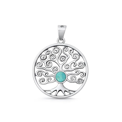 Sterling Silver Oxidized And Polished Tree Of Life Genuine Turquoise Stone Pendant
