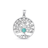 Sterling Silver Oxidized And Polished Tree Of Life Genuine Turquoise Stone Pendant