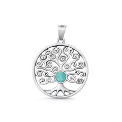Sterling Silver Oxidized And Polished Tree Of Life Genuine Turquoise Stone Pendant