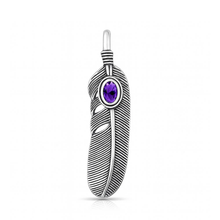 Load image into Gallery viewer, Sterling Silver Oxidized And Polished Feather Amethyst CZ Pendant