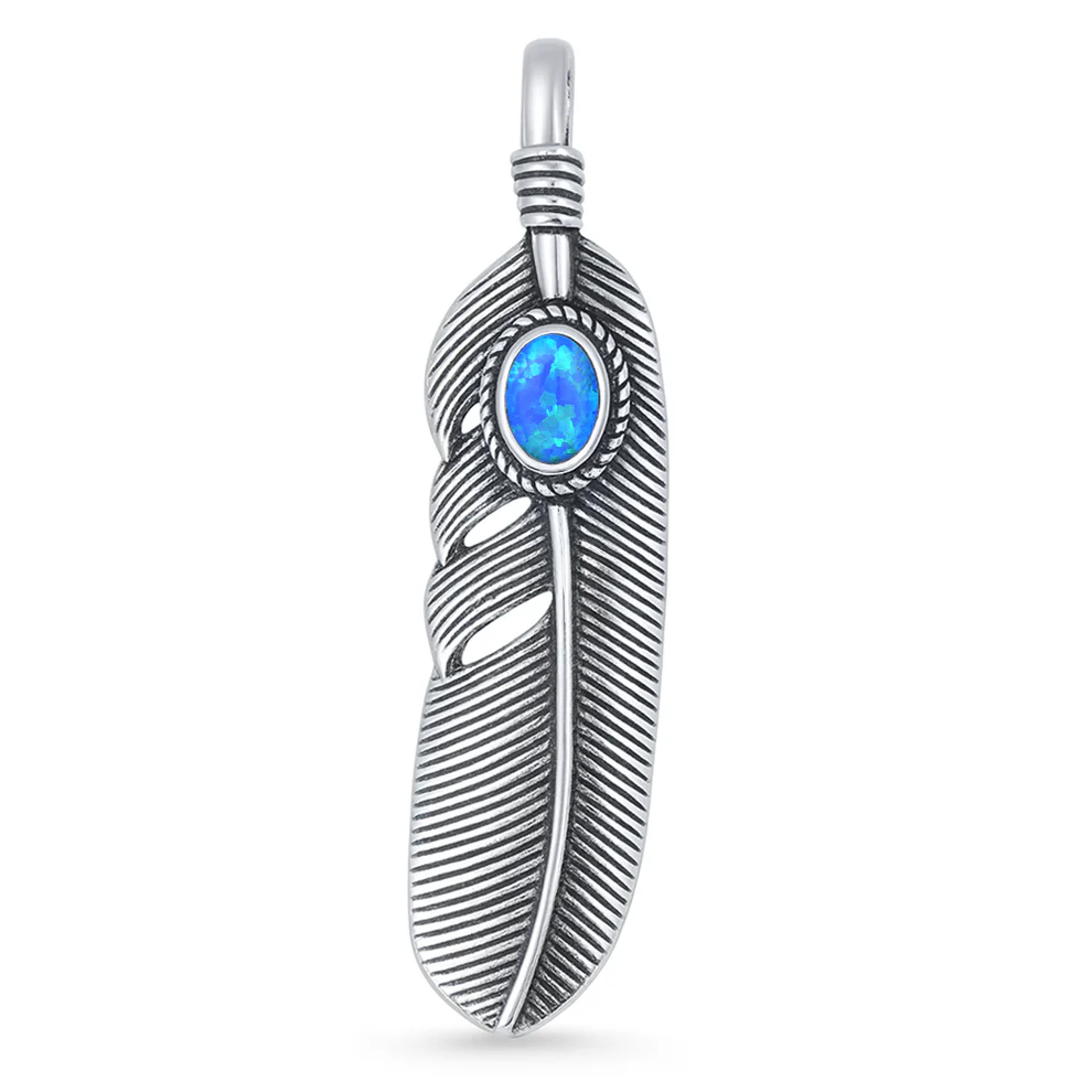 Sterling Silver Oxidized And Polished 40mm Feather Blue Lab Opal Pendant