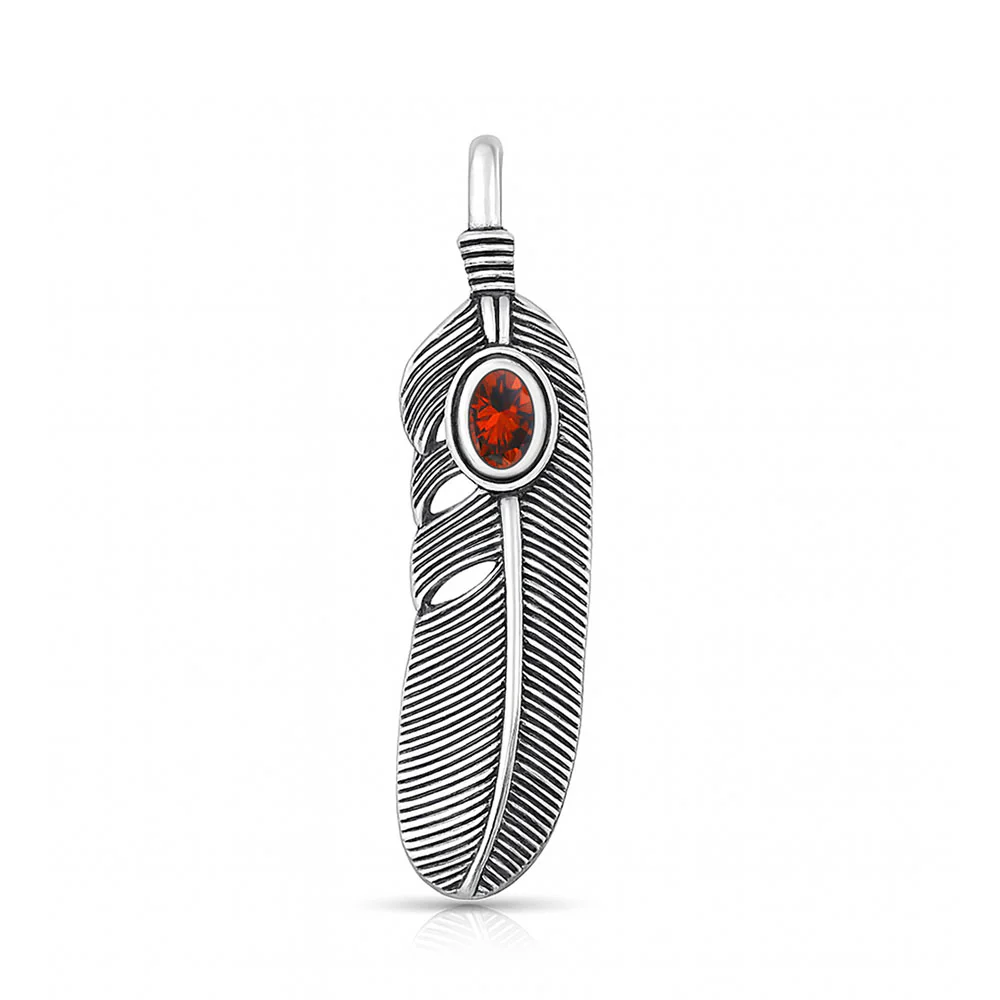 Sterling Silver Oxidized And Polished Feather Garnet CZ Pendant
