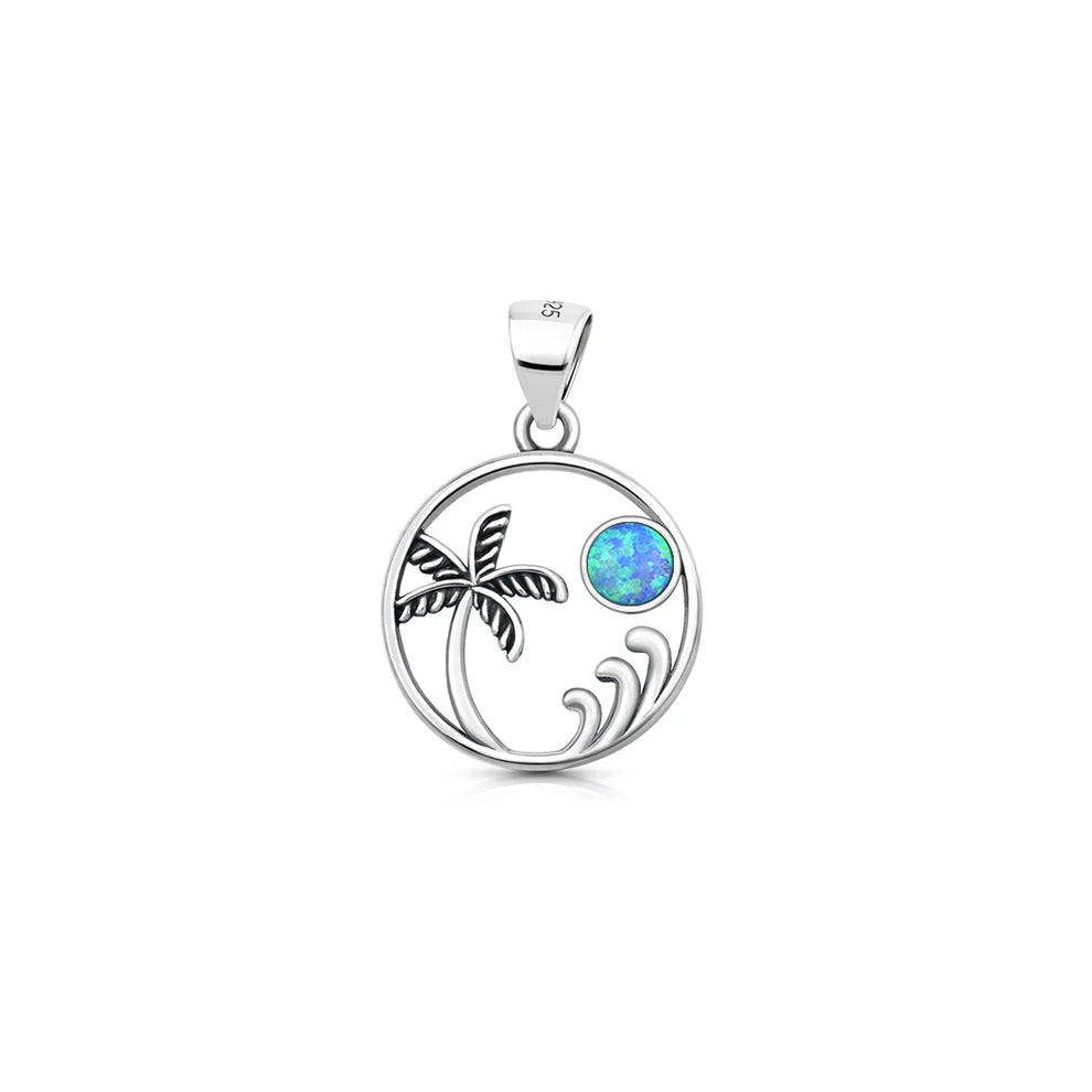 Sterling Silver Oxidized And Polished Blue Lab Opal Beach Palm Tree Pendant