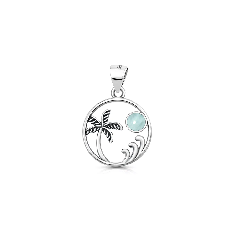 Sterling Silver Oxidized And Polished Beach Palm tree Larimar Stone Pendant