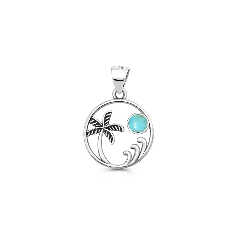 Sterling Silver Oxidized And Polished Beach Palm tree Turquoise Stone Pendant