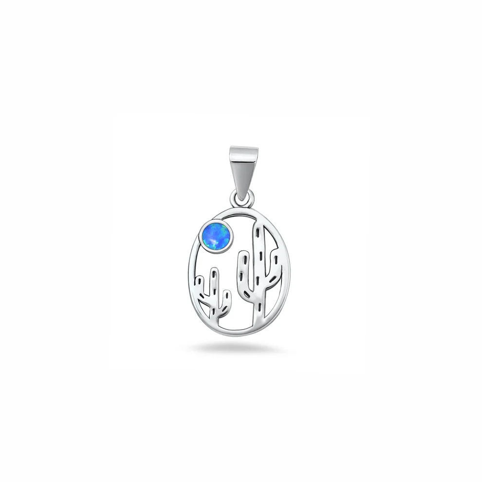 Sterling Silver Oxidized And Polished Cactus Blue Lab Opal Pendant