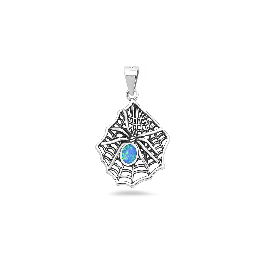 Sterling Silver Oxidized And Polished Spiderweb Blue Lab Opal Pendant