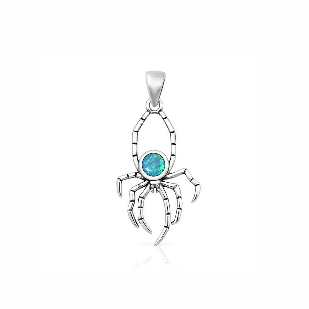 Sterling Silver Oxidized And Polished Spider Blue Lab Opal Pendant